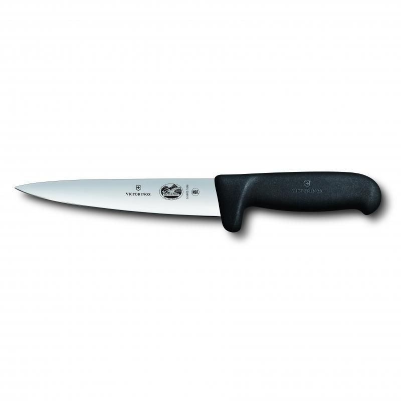 Victorinox 16cm sticking knife with pointed stainless steel blade and black Fibrox non-slip ergonomic handle for safe cutting.