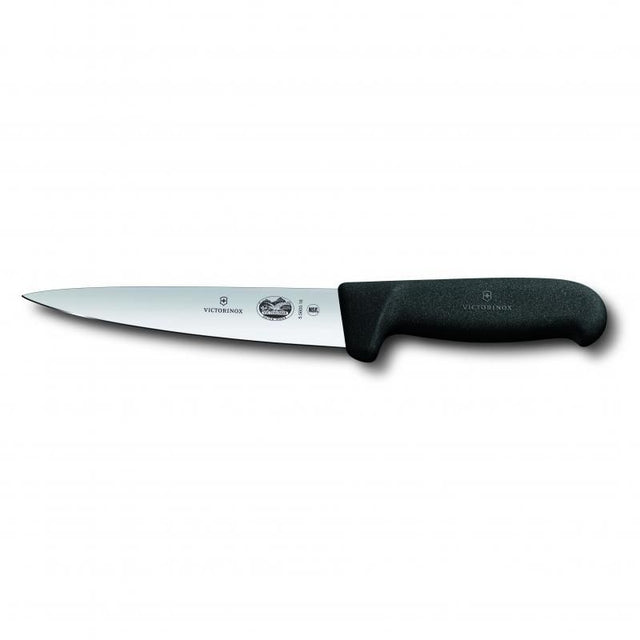 Victorinox 16cm sticking knife with pointed stainless steel blade and ergonomic black Fibrox handle for safe, precise cutting.