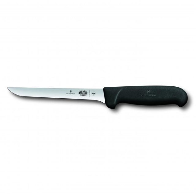 Victorinox 15cm boning knife with flexible stainless steel blade and non-slip Fibrox handle, ideal for precise meat preparation.