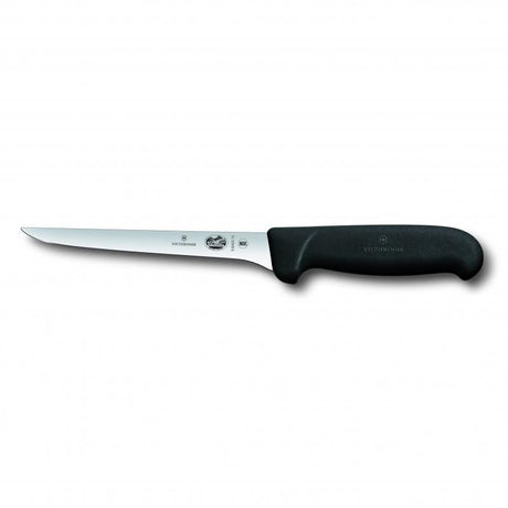 Alt text: Victorinox 15cm boning knife with narrow stainless steel blade and ergonomic black Fibrox handle for precise cutting.