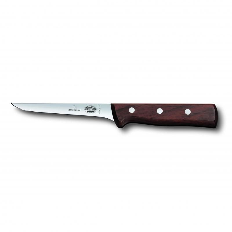 Victorinox 15cm boning knife with narrow stainless steel blade and elegant rosewood handle for precision meat preparation.