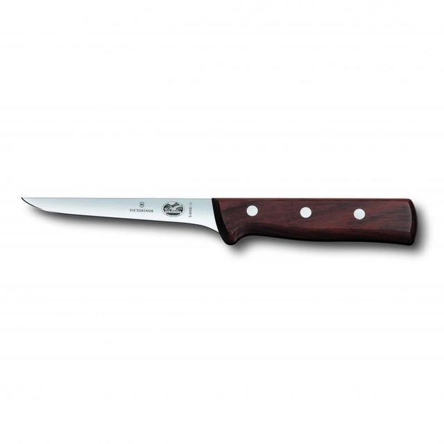 Victorinox 15cm boning knife with narrow stainless steel blade and elegant rosewood handle for precision meat preparation.