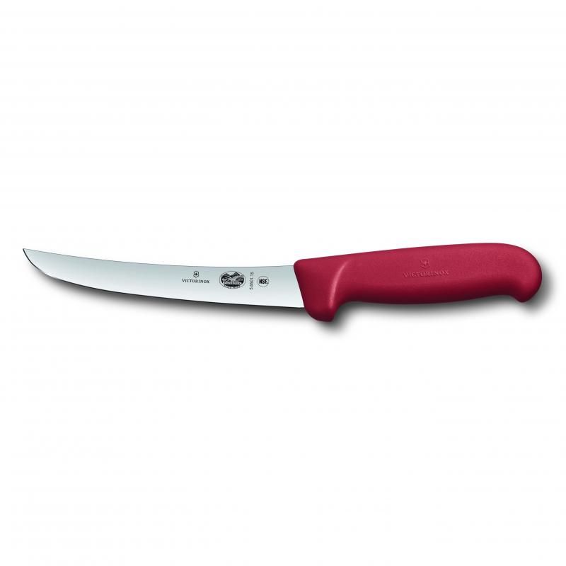 Red Victorinox Fibrox boning knife with a 15cm wide, semi-flexible curved blade, designed for easy deboning.