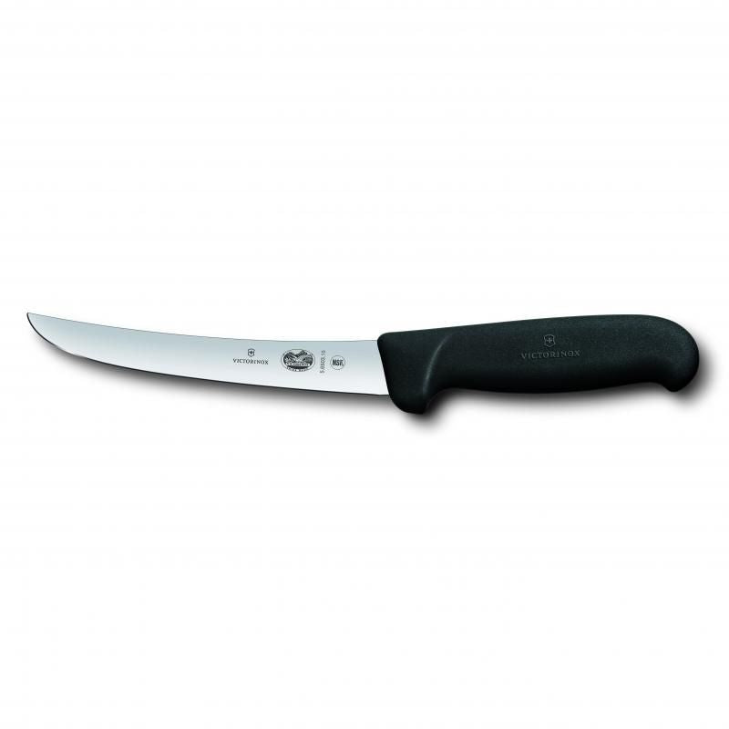 Victorinox 15cm boning knife with a curved wide blade and ergonomic black handle, ideal for precise filleting and boning.