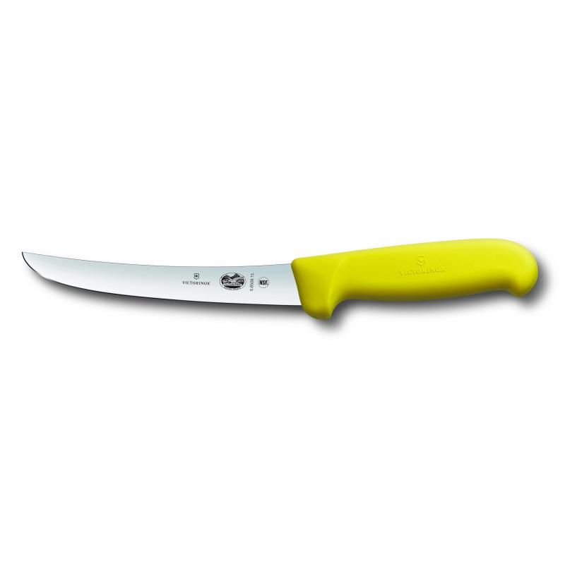 Victorinox 15cm curved boning knife with wide blade and yellow Fibrox handle, perfect for precise meat deboning.