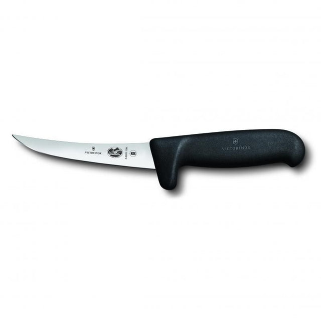 Victorinox 12cm curved boning knife with ergonomic black Fibrox handle for precision deboning and cutting performance.