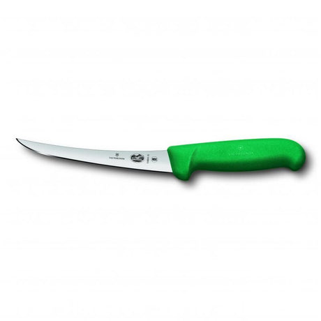 Victorinox 15cm green boning knife with a curved, narrow blade and ergonomic non-slip handle, ideal for precise meat deboning.