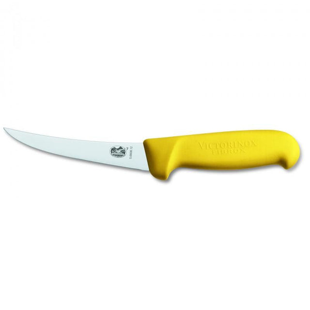 Victorinox Fibrox 12cm boning knife with yellow handle, curved stainless steel blade for precise filleting and trimming.