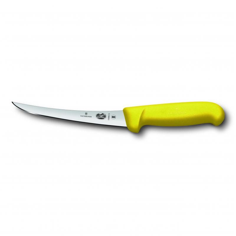 Victorinox yellow boning knife with 15cm curved stainless steel blade and ergonomic non-slip Fibrox handle for precision cutting.