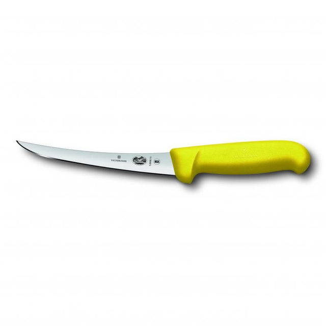 Victorinox yellow boning knife with 15cm curved stainless steel blade and ergonomic non-slip Fibrox handle for precision cutting.