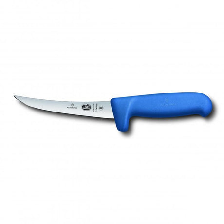 Victorinox 12cm blue boning knife with curved blade, ergonomic Fibrox handle for precision meat preparation.