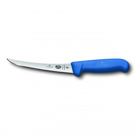 Victorinox Fibrox 15cm boning knife with curved flexible blade and ergonomic blue handle for precise meat deboning.