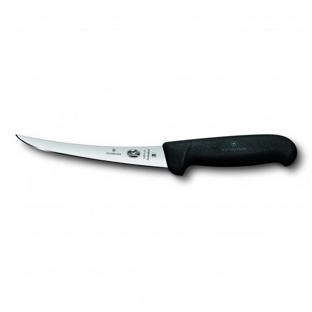 Victorinox Fibrox 12cm boning knife with a flexible curved blade and ergonomic black handle for precision in deboning.