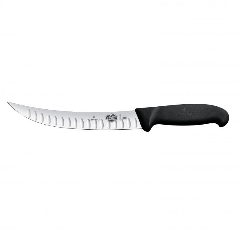 Victorinox 20cm curved slaughter knife with fluted edge and ergonomic slip-resistant handle, ideal for professional butchers.