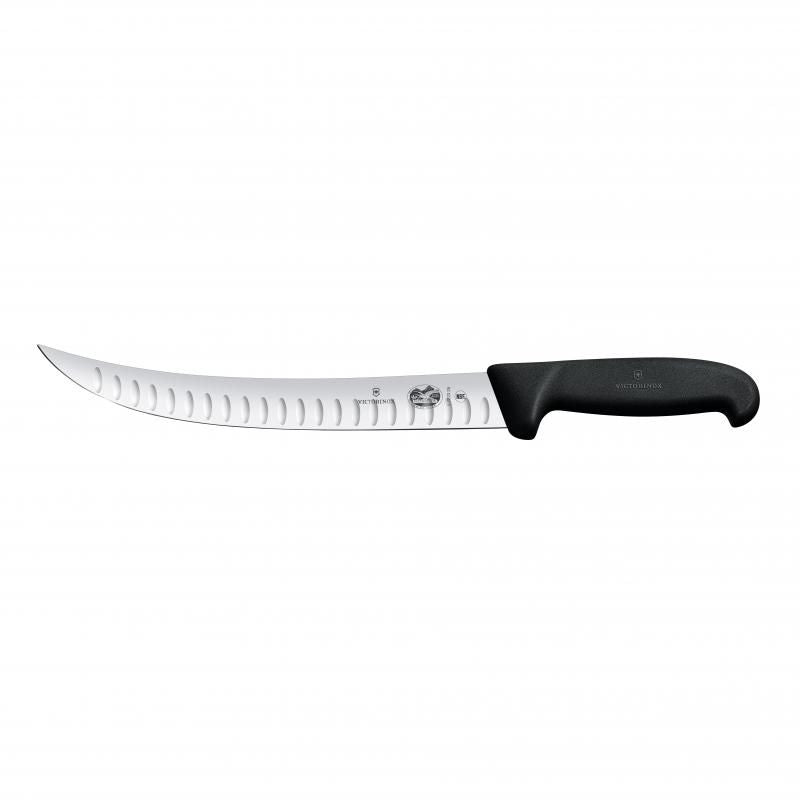 Curved 20cm slaughter knife with slip-resistant handle, ideal for easy slicing and butchering, made in Switzerland.