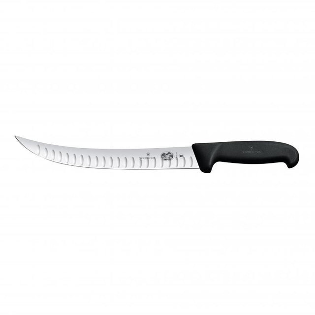 Curved 20cm slaughter knife with slip-resistant handle, ideal for easy slicing and butchering, made in Switzerland.