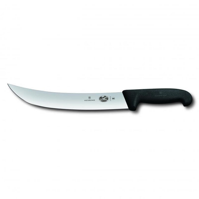 Victorinox curved cimeter knife with 25cm stainless steel blade and black ergonomic Fibrox handle for precise meat cutting.