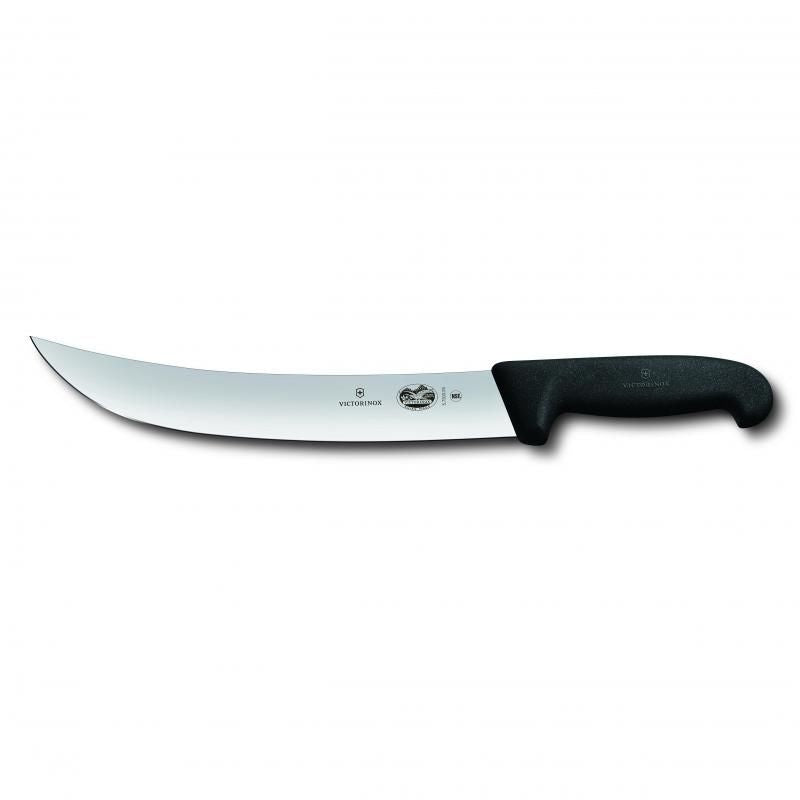 Victorinox 36cm cimeter knife with a curved stainless steel blade and ergonomic black non-slip Fibrox handle for effortless meat cutting.