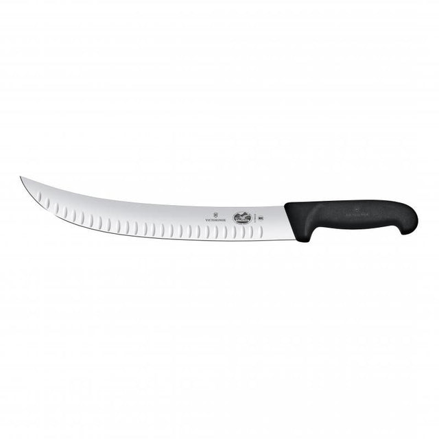 Victorinox Prof Brisket Knife, 31cm, black, features a fluted edge for easy slicing and a slip-resistant ergonomic handle.