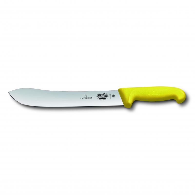 Victorinox 25cm yellow butcher knife with ergonomic Fibrox handle and high-carbon stainless steel blade for precise meat cutting.