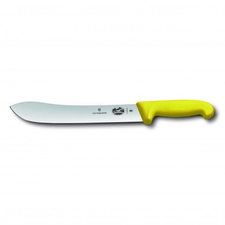 Victorinox 25cm yellow butcher knife with ergonomic Fibrox handle and high-carbon stainless steel blade for precise meat cutting.