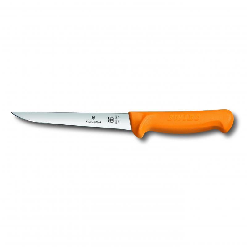 Victorinox Swibo 16cm boning knife with a straight wide blade and bright yellow ergonomic handle for precision cutting.