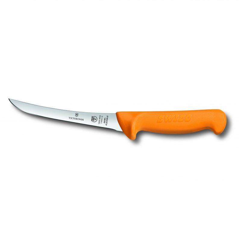 Victorinox Swibo boning knife with a 13cm semi-flexible curved blade and distinctive yellow ergonomic handle for precision cuts.