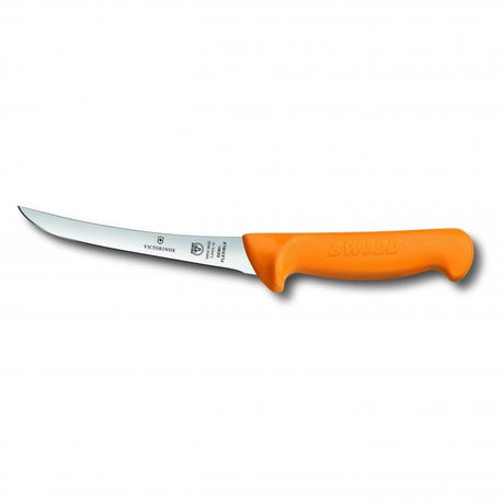 Victorinox Swibo boning knife with a 13cm semi-flexible curved blade and distinctive yellow ergonomic handle for precision cuts.