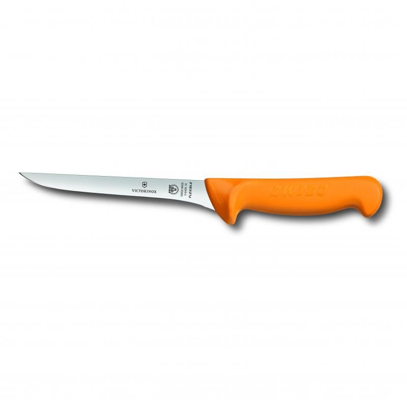 Victorinox Swibo 13cm boning knife with flexible narrow blade and ergonomic orange handle for precision cutting in the kitchen.