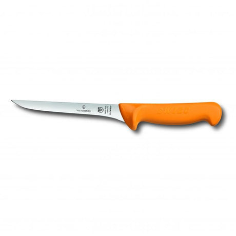 Victorinox Swibo 13cm boning knife with flexible narrow blade and ergonomic orange handle for precision cutting in the kitchen.