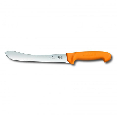 Victorinox Swibo 21cm Butchers Knife with wide tip blade, yellow handle, designed for precise meat cutting and safety.