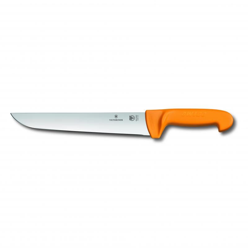 Victorinox Swibo Butchers Knife with 21cm straight back blade and ergonomic yellow handle, ideal for meat preparation.