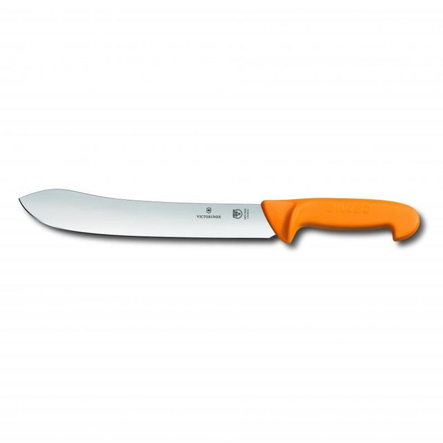 Professional yellow poly handle butcher's knife with a 25cm stiff blade, designed for durability and superior edge retention.