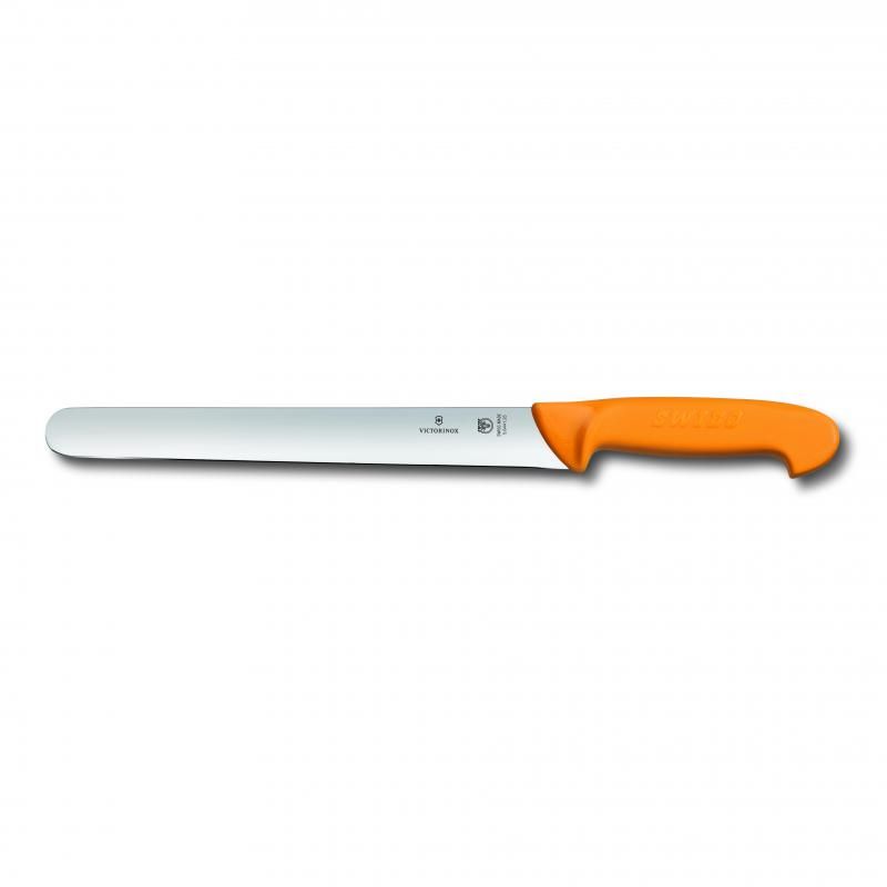 Victorinox Swibo 30cm slicing knife with yellow ergonomic handle and high carbon stainless steel round blade for precise cuts.