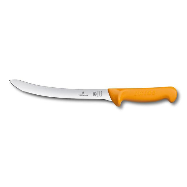 Victorinox 20cm curved flexible blade knife with yellow ergonomic handle, ideal for precise cutting and filleting fish.