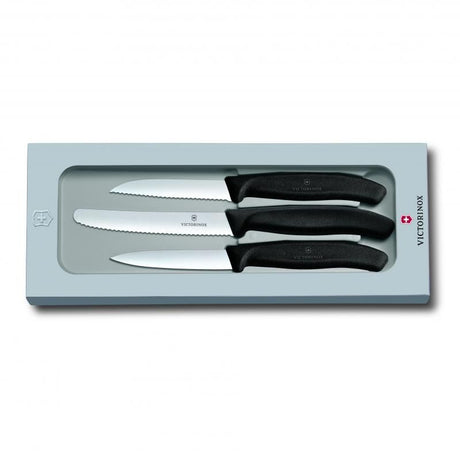 Victorinox 3-piece paring knife set in black, featuring ergonomic handles and ultra-sharp stainless steel blades for precise cutting.