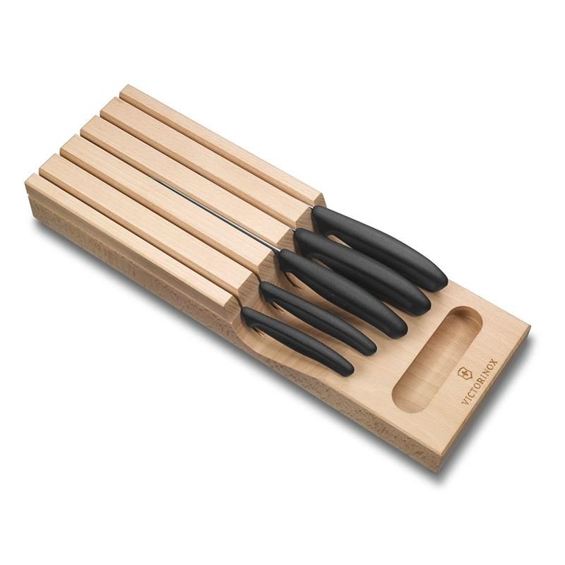 Victorinox Swiss Classic In-Drawer Knife Holder set with 6 slots, crafted from beechwood for sleek kitchen organization.