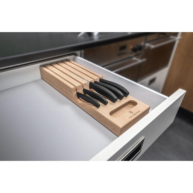 Victorinox Swiss Classic In-Drawer Knife Holder set features 6 knives in a stylish beechwood design for organized kitchen storage.