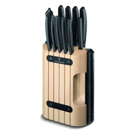 Victorinox Classic 11-Piece Cutlery Set with black nylon handles and beechwood block, designed for precision and safety.