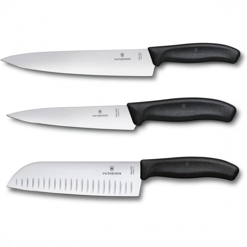 Victorinox Classic Cutlery Block Set with 11 stainless steel knives and ergonomic black nylon handles in a stylish beechwood block.