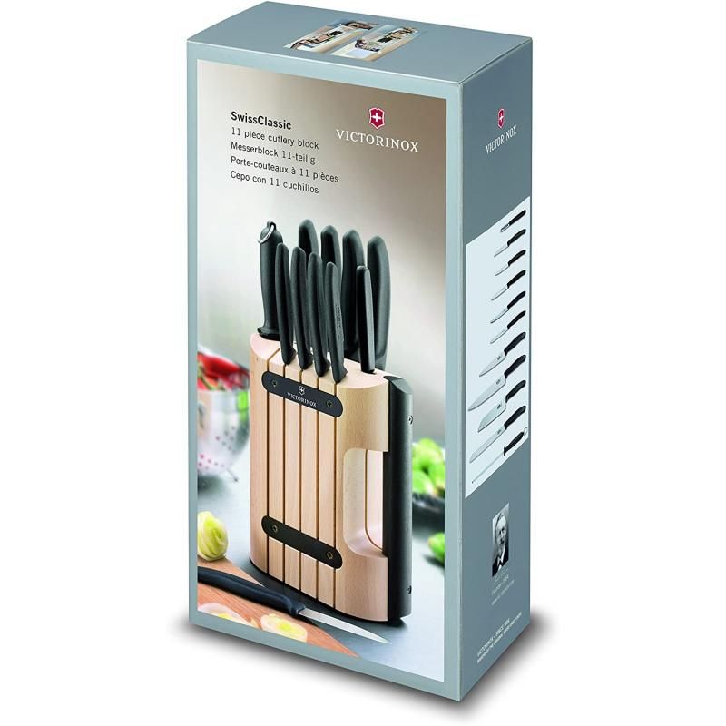 Victorinox Classic 11-Piece Cutlery Set with ergonomic nylon handles, exquisite beechwood block, perfect for all cooking tasks.