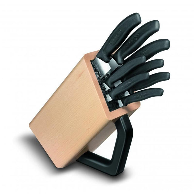 Victorinox 8-piece cutlery block set in black, featuring high-quality knives and a durable beechwood storage block.