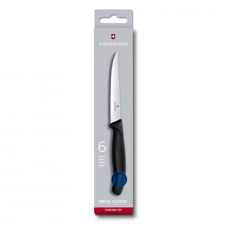 Blue Victorinox Swiss Classic Steak Knife with an 11 cm wavy-edged stainless steel blade for precise and effortless meat cutting.