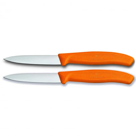 Vibrant orange Victorinox paring knife set with two 8 cm pointed blades for precision cutting and garnishing tasks.