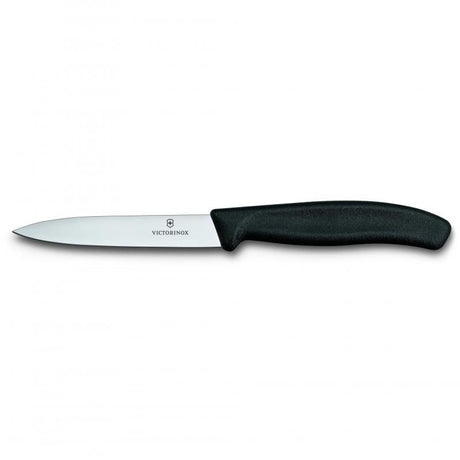 Victorinox 10 cm pointed paring knife in classic black, ideal for precision cutting, with an ergonomic handle and stainless steel blade.