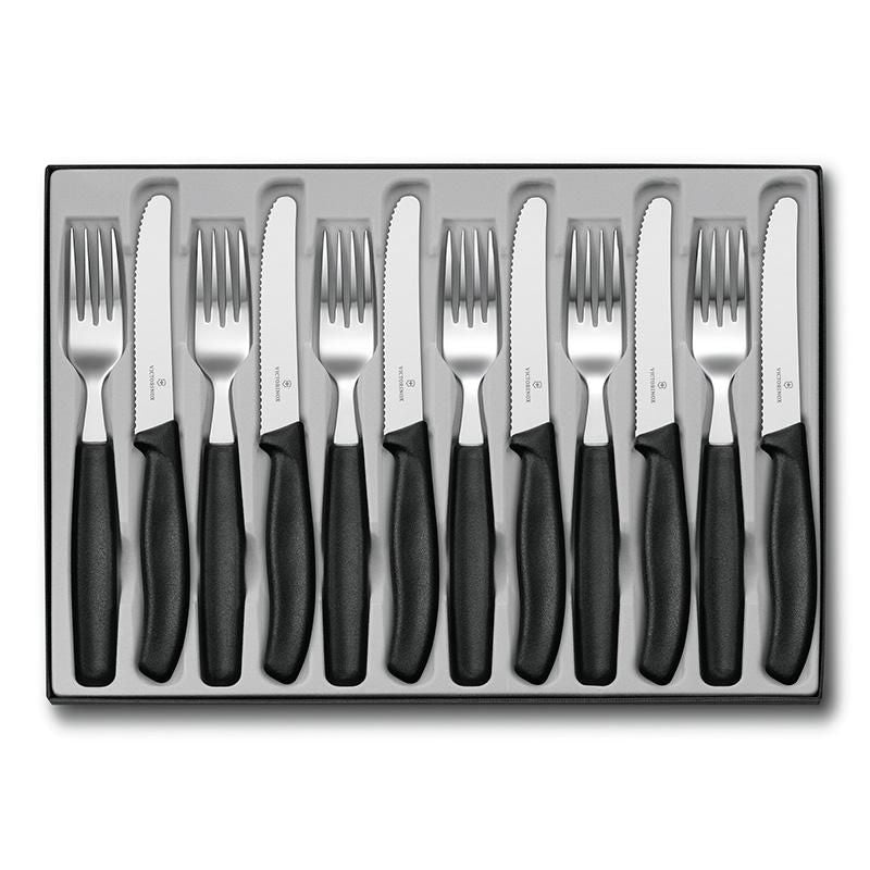 Victorinox Classic 12-piece steak knife and fork set, featuring ultrasharp wavy blades and ergonomic handles for comfortable dining.