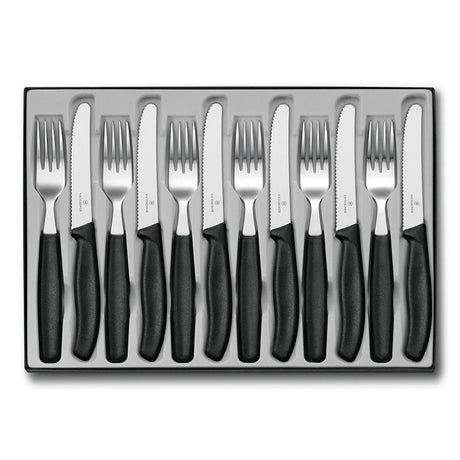 Victorinox Classic 12-piece steak knife and fork set, featuring ultrasharp wavy blades and ergonomic handles for comfortable dining.