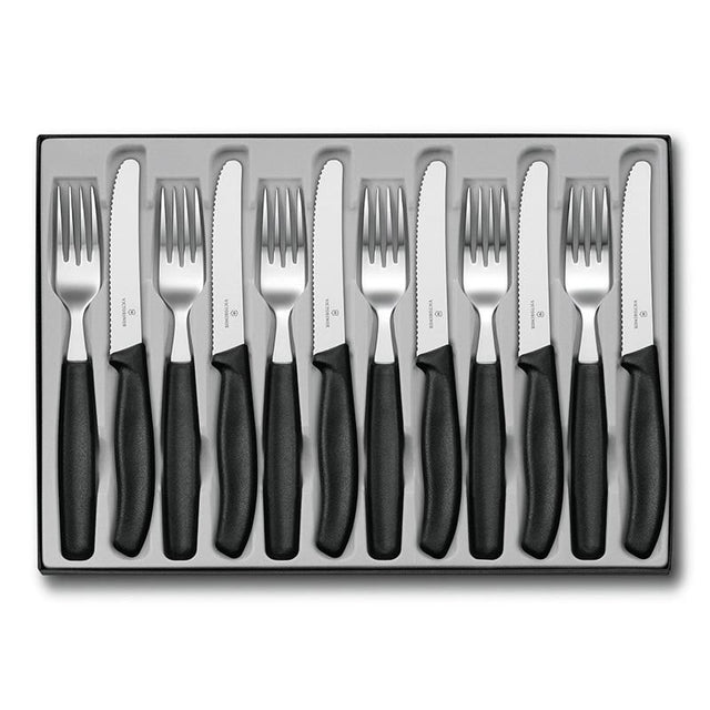 Victorinox Classic 12-piece steak knife and fork set, featuring ultrasharp wavy blades and ergonomic handles for comfortable dining.