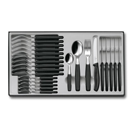 Victorinox 24-piece black cutlery set featuring ergonomic handles and ultrasharp wavy edge blades, ideal for everyday dining.