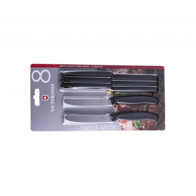 Victorinox 8-piece steak knives set with 11cm stainless steel blades and ergonomic Fibrox handles for comfortable cutting.